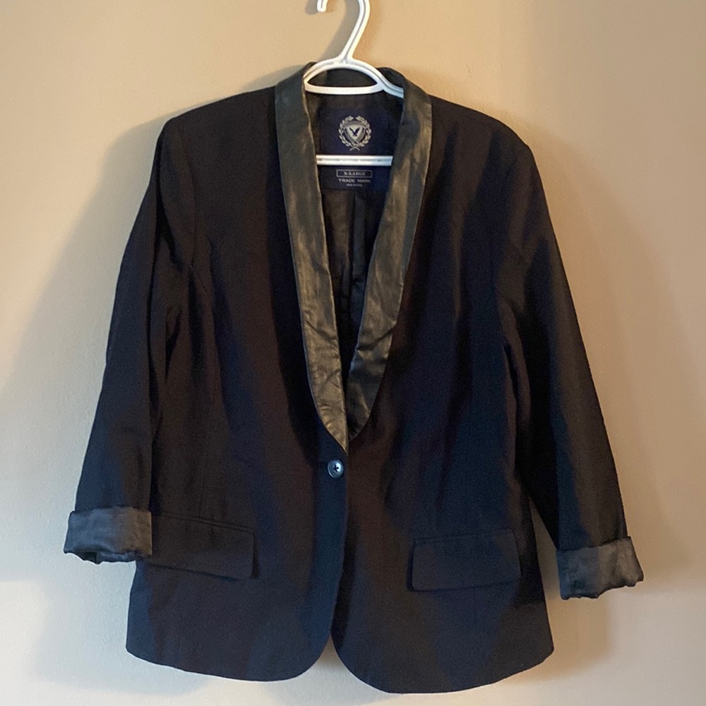 black womens faux leather trimmed blazer